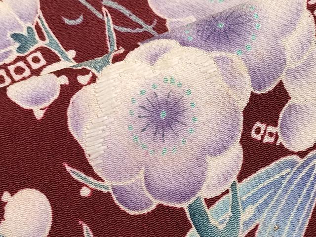 平和屋本店●極上 アンティーク 大正ロマン 振袖 刺繍 孔雀 松竹梅 暈し染め 金糸 鬼しぼ縮緬 葡萄茶色地 逸品 CYAA4521s6