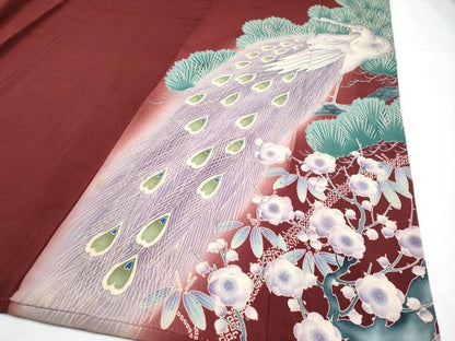 平和屋本店●極上 アンティーク 大正ロマン 振袖 刺繍 孔雀 松竹梅 暈し染め 金糸 鬼しぼ縮緬 葡萄茶色地 逸品 CYAA4521s6