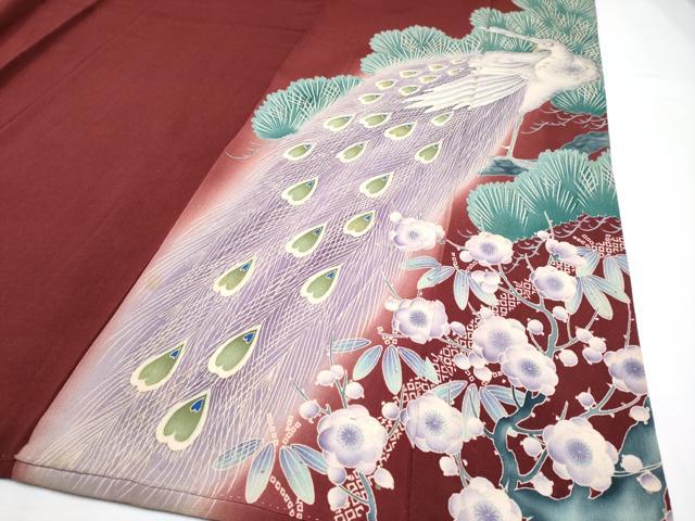 平和屋本店●極上 アンティーク 大正ロマン 振袖 刺繍 孔雀 松竹梅 暈し染め 金糸 鬼しぼ縮緬 葡萄茶色地 逸品 CYAA4521s6