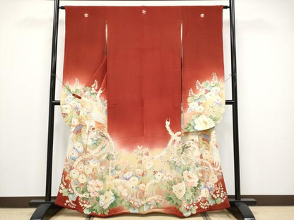 平和屋本店●極上　アンティーク 大正ロマン 振袖 駒刺繍 相良刺繍 鳳凰草花文 暈し染 金彩 鬼しぼ縮緬 紅海老茶色地 逸品　CYAA4522s6