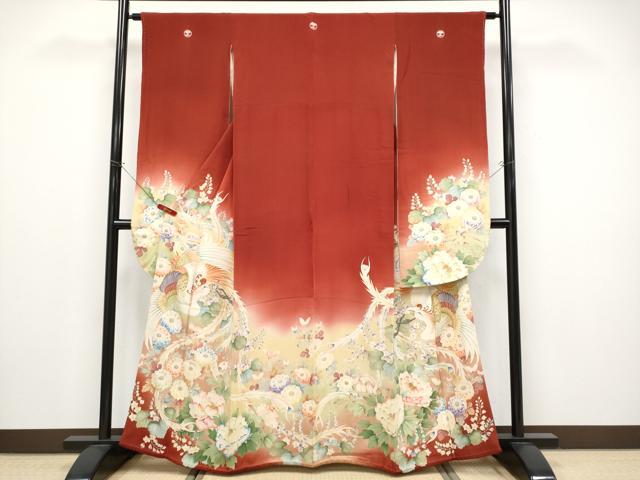 平和屋本店●極上　アンティーク 大正ロマン 振袖 駒刺繍 相良刺繍 鳳凰草花文 暈し染 金彩 鬼しぼ縮緬 紅海老茶色地 逸品　CYAA4522s6