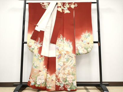 平和屋本店●極上　アンティーク 大正ロマン 振袖 駒刺繍 相良刺繍 鳳凰草花文 暈し染 金彩 鬼しぼ縮緬 紅海老茶色地 逸品　CYAA4522s6