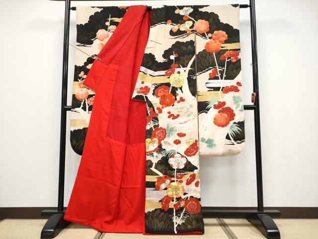 平和屋本店●極上　アンティーク　大正ロマン　振袖　駒刺繍　霞梅松文　黒地　金彩　逸品　CYAA4523s6