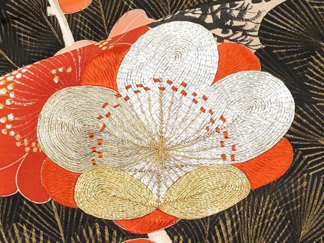 平和屋本店●極上　アンティーク　大正ロマン　振袖　駒刺繍　霞梅松文　黒地　金彩　逸品　CYAA4523s6