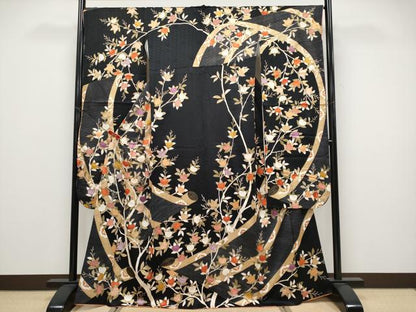 平和屋本店●極上 十日町老舗ブランド 吉澤友禅 吾妻徳穂 振袖 駒刺繍 絵巻橘文 黒地 金彩 逸品 CYAA4566s6