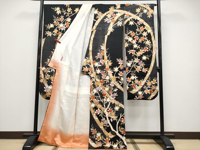 平和屋本店●極上 十日町老舗ブランド 吉澤友禅 吾妻徳穂 振袖 駒刺繍 絵巻橘文 黒地 金彩 逸品 CYAA4566s6
