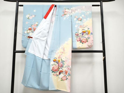 平和屋着物[]極上　七五三　女の子　7歳　祝着　友禅　鴛鴦花文　空色地　逸品　CYAA4572s6