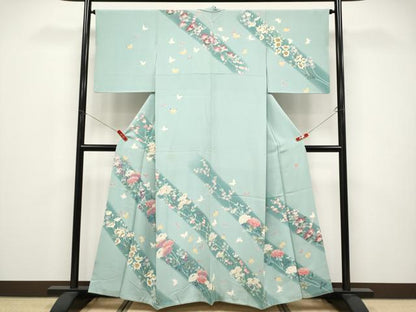 平和屋本店●極上　本加賀友禅作家　前川哲　訪問着　花蝶文　暈し染め　青磁鼠色地　逸品　CYAA5105s6