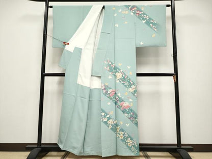 平和屋本店●極上　本加賀友禅作家　前川哲　訪問着　花蝶文　暈し染め　青磁鼠色地　逸品　CYAA5105s6