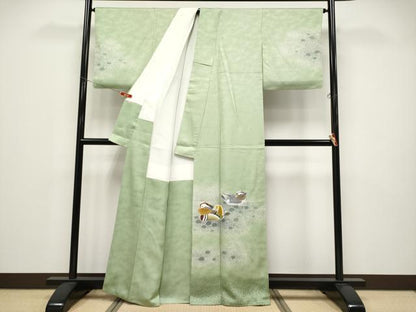 平和屋本店●極上 人間国宝・羽田登喜男 訪問着 鴛鴦 金銀彩 若葉色地 逸品 未使用 CYAA4578s6