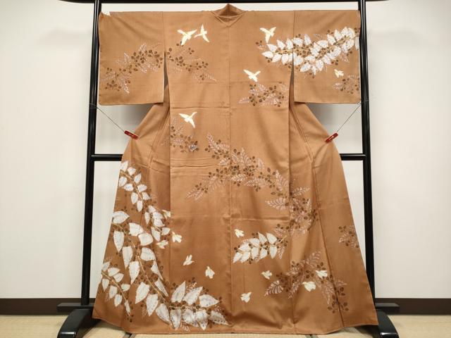 平和屋本店●超希少　型絵染染色家　鈴木紀絵　訪問着　紬地　手描き　花鳥文　渋紙色地　逸品　未使用　CYAA4579s6