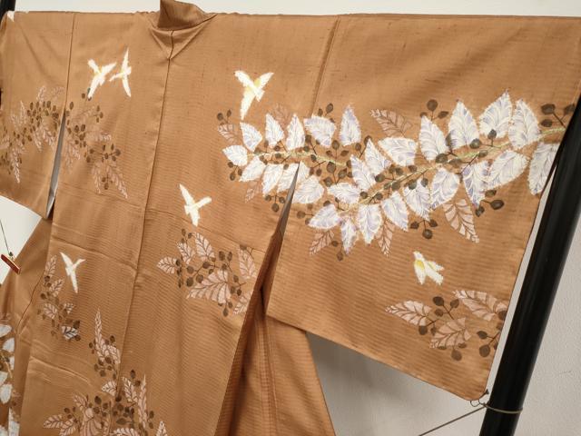 平和屋本店●超希少　型絵染染色家　鈴木紀絵　訪問着　紬地　手描き　花鳥文　渋紙色地　逸品　未使用　CYAA4579s6