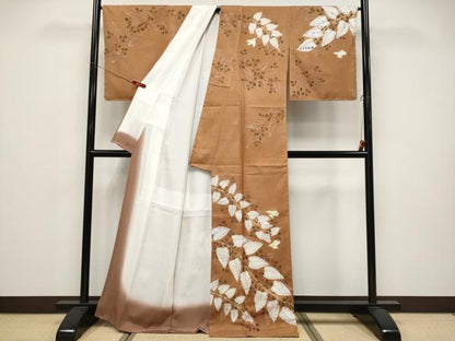 平和屋本店●超希少　型絵染染色家　鈴木紀絵　訪問着　紬地　手描き　花鳥文　渋紙色地　逸品　未使用　CYAA4579s6