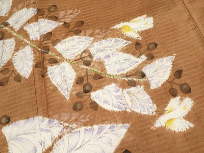 平和屋本店●超希少　型絵染染色家　鈴木紀絵　訪問着　紬地　手描き　花鳥文　渋紙色地　逸品　未使用　CYAA4579s6