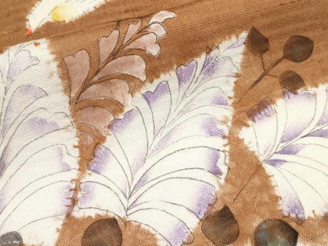 平和屋本店●超希少　型絵染染色家　鈴木紀絵　訪問着　紬地　手描き　花鳥文　渋紙色地　逸品　未使用　CYAA4579s6