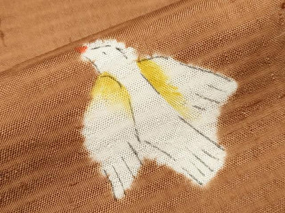 平和屋本店●超希少　型絵染染色家　鈴木紀絵　訪問着　紬地　手描き　花鳥文　渋紙色地　逸品　未使用　CYAA4579s6