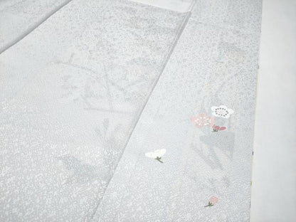 平和屋着物●極上　訪問着　友禅　作家物　枝花文　暈し染め　白梅鼠色地　逸品　CYAA4582s6