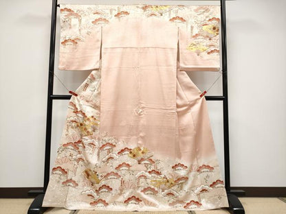 平和屋本店●極上 銀座きしや 訪問着 駒刺繍 扇面花文 暈し染め 金彩 水柿色地 逸品 CYAA4593s6