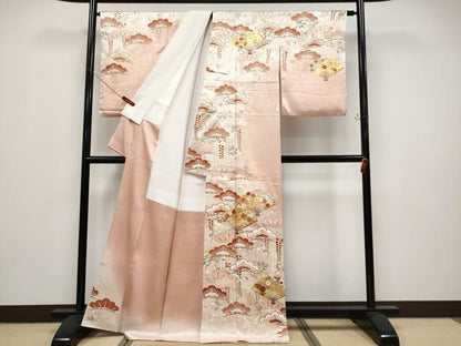平和屋本店●極上 銀座きしや 訪問着 駒刺繍 扇面花文 暈し染め 金彩 水柿色地 逸品 CYAA4593s6