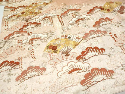 平和屋本店●極上 銀座きしや 訪問着 駒刺繍 扇面花文 暈し染め 金彩 水柿色地 逸品 CYAA4593s6