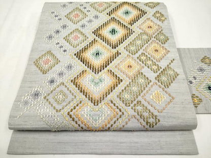 平和屋着物●極上　本場琉球　読谷山花織　紬地　九寸名古屋帯　薄鈍色地　逸品　CYAA4613s6