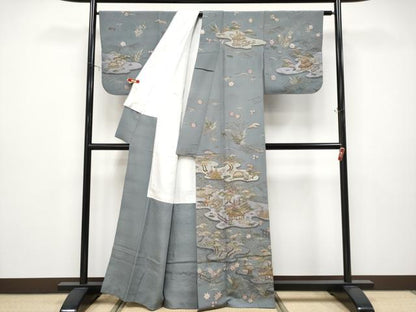 平和屋着物●極上　十七代京屋林蔵　訪問着　総刺繍　御所解文　金糸　鉛色地　逸品　CYAA4620s6