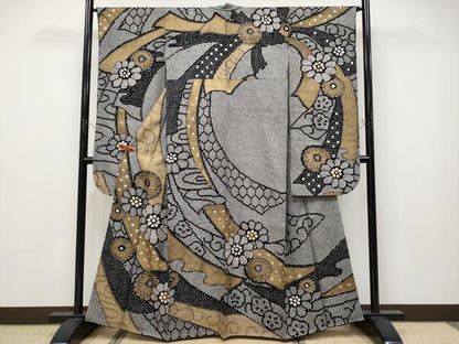 平和屋本店●極上 振袖 総絞り 束ね熨斗花文 黒地 金彩 逸品 CYAA4643s6