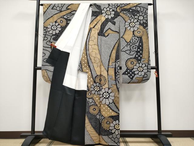 平和屋本店●極上 振袖 総絞り 束ね熨斗花文 黒地 金彩 逸品 CYAA4643s6