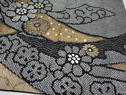 平和屋本店●極上 振袖 総絞り 束ね熨斗花文 黒地 金彩 逸品 CYAA4643s6