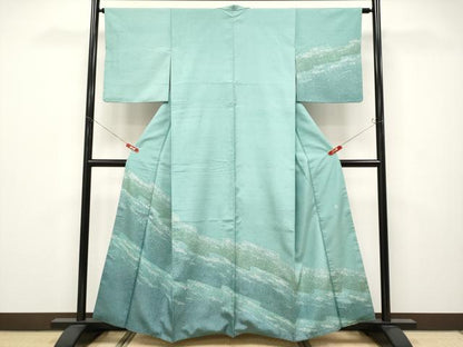 平和屋着物●極上　石川県指定無形文化財　牛首紬　白山工房　手織り　訪問着　霞文　錆青磁色地　逸品　CYAA4644s6