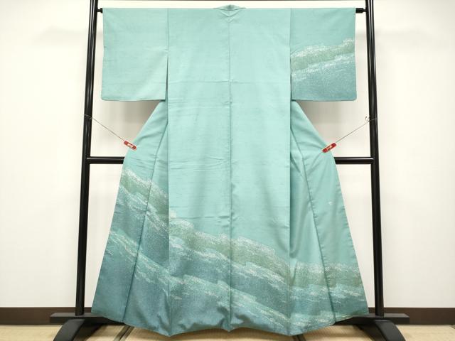 平和屋着物●極上　石川県指定無形文化財　牛首紬　白山工房　手織り　訪問着　霞文　錆青磁色地　逸品　CYAA4644s6