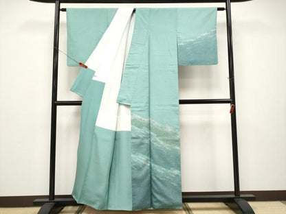 平和屋着物●極上　石川県指定無形文化財　牛首紬　白山工房　手織り　訪問着　霞文　錆青磁色地　逸品　CYAA4644s6