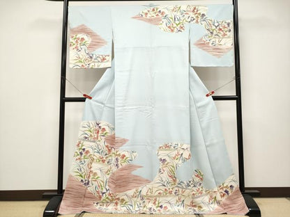 平和屋本店●極上　型絵染の人間国宝　稲垣稔次郎原画　染殿製　訪問着　草花文　藍白色地　逸品　未使用　CYAA4651s6