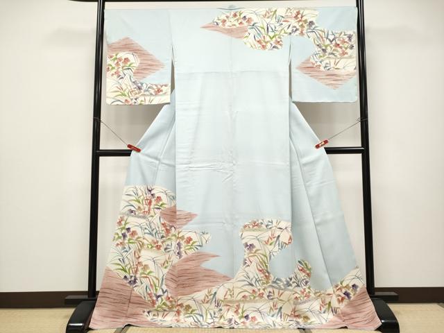 平和屋本店●極上　型絵染の人間国宝　稲垣稔次郎原画　染殿製　訪問着　草花文　藍白色地　逸品　未使用　CYAA4651s6