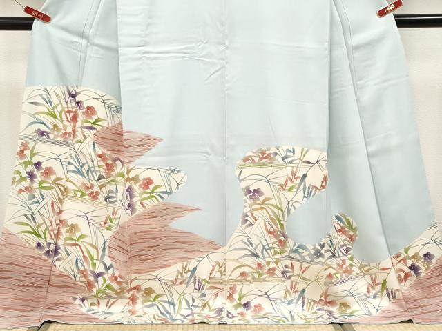 平和屋本店●極上　型絵染の人間国宝　稲垣稔次郎原画　染殿製　訪問着　草花文　藍白色地　逸品　未使用　CYAA4651s6