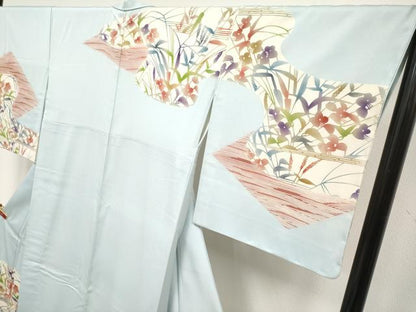 平和屋本店●極上　型絵染の人間国宝　稲垣稔次郎原画　染殿製　訪問着　草花文　藍白色地　逸品　未使用　CYAA4651s6