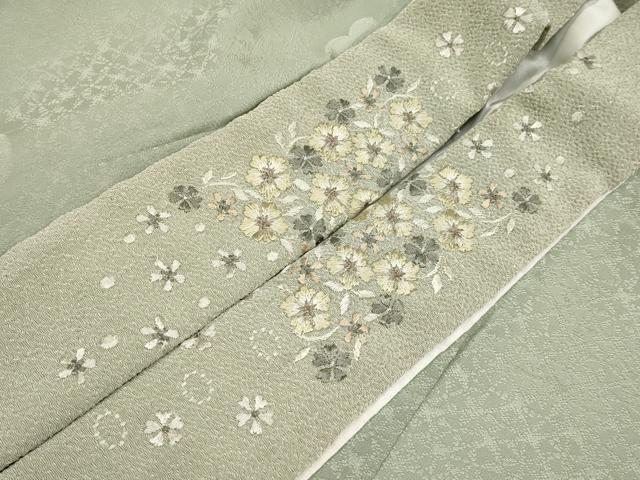 平和屋着物●上質な長襦袢　袷　絞り　舞花文　半衿刺繍　山葵色地　逸品　CYAA4659s6