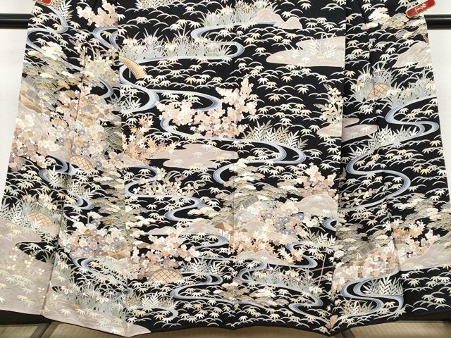 平和屋着物●極上　訪問着　駒刺繍　御所解文　黒地　金彩　逸品　未使用　CYAA4662s6