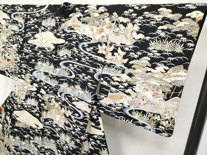 平和屋着物●極上　訪問着　駒刺繍　御所解文　黒地　金彩　逸品　未使用　CYAA4662s6