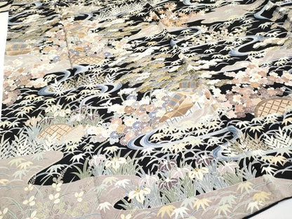 平和屋着物●極上　訪問着　駒刺繍　御所解文　黒地　金彩　逸品　未使用　CYAA4662s6