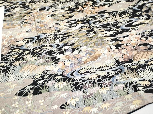 平和屋着物●極上　訪問着　駒刺繍　御所解文　黒地　金彩　逸品　未使用　CYAA4662s6
