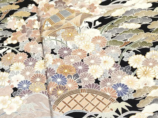 平和屋着物●極上　訪問着　駒刺繍　御所解文　黒地　金彩　逸品　未使用　CYAA4662s6