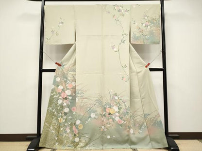 平和屋着物●極上　訪問着　友禅　作家物　枝花文　砂色地　逸品　未使用　CYAA4665s6