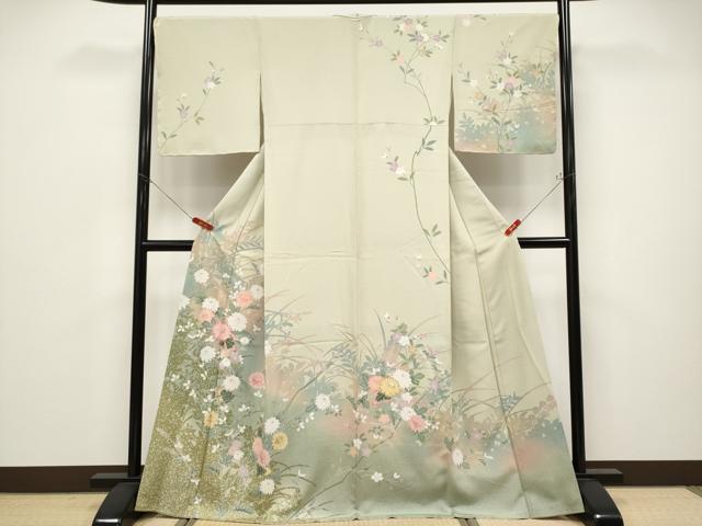 平和屋着物●極上　訪問着　友禅　作家物　枝花文　砂色地　逸品　未使用　CYAA4665s6
