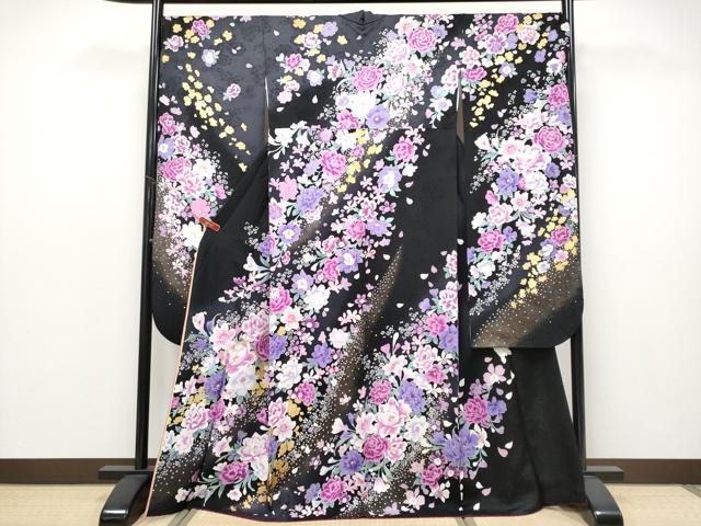 平和屋本店●極上　ブライダルファッションデザイナー・桂由美 振袖 刺繍 ラインストーン 舞花文 暈し染め 黒地 金銀彩 逸品　CYAA4674s6