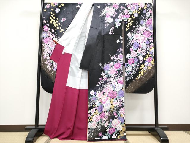 平和屋本店●極上　ブライダルファッションデザイナー・桂由美 振袖 刺繍 ラインストーン 舞花文 暈し染め 黒地 金銀彩 逸品　CYAA4674s6