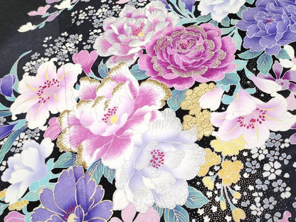 平和屋本店●極上　ブライダルファッションデザイナー・桂由美 振袖 刺繍 ラインストーン 舞花文 暈し染め 黒地 金銀彩 逸品　CYAA4674s6