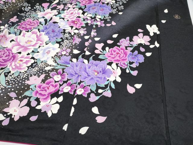平和屋本店●極上　ブライダルファッションデザイナー・桂由美 振袖 刺繍 ラインストーン 舞花文 暈し染め 黒地 金銀彩 逸品　CYAA4674s6