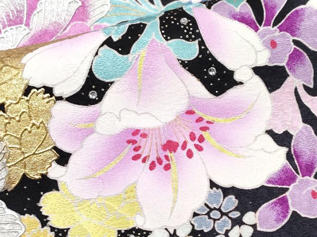 平和屋本店●極上　ブライダルファッションデザイナー・桂由美 振袖 刺繍 ラインストーン 舞花文 暈し染め 黒地 金銀彩 逸品　CYAA4674s6