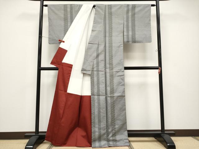 平和屋着物●極上　紬　刺繍　刺し子　七宝麻の葉間道　煤色地　逸品　未使用　CYAA4680s6